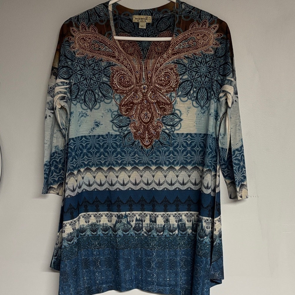 ONE WORLD Blue and Brown Patterned Tunic